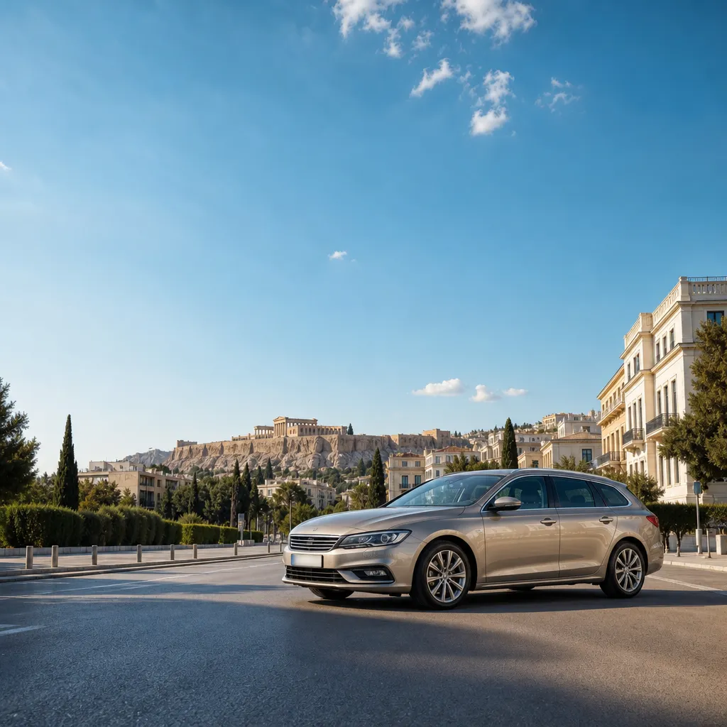 Rental car with the Acropolis of Athens in the background