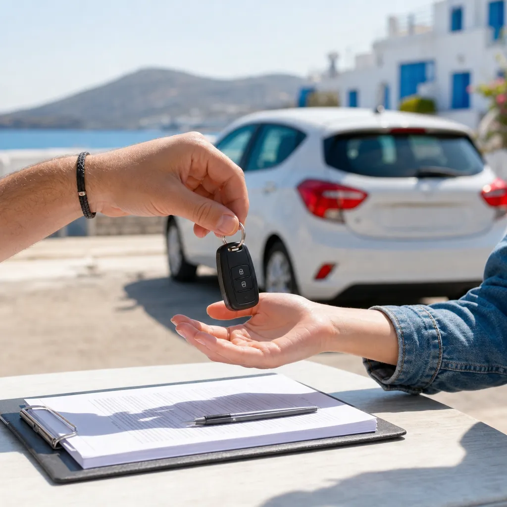 Key handover for a no deposit car rental in Athens