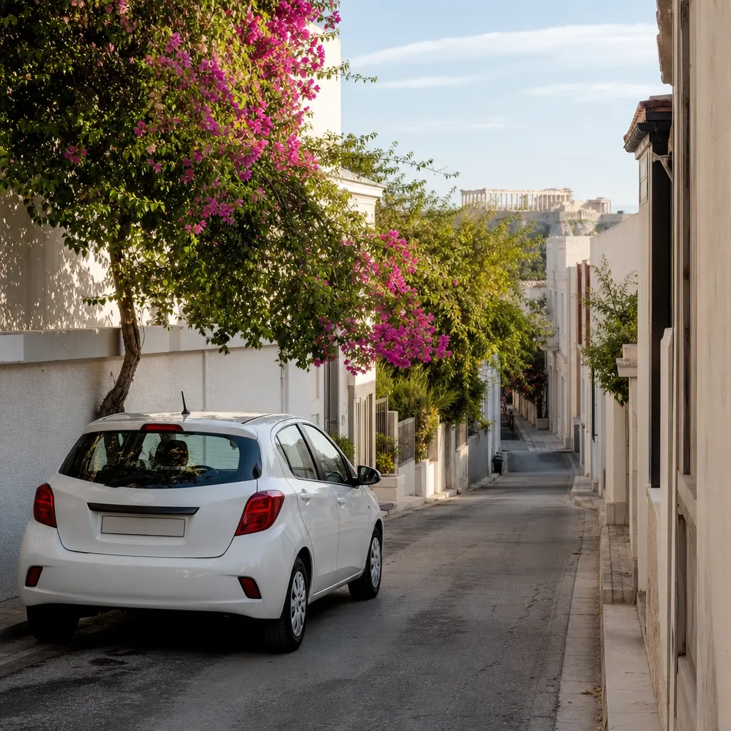 Small economy rental car parked on a sunny Athens street