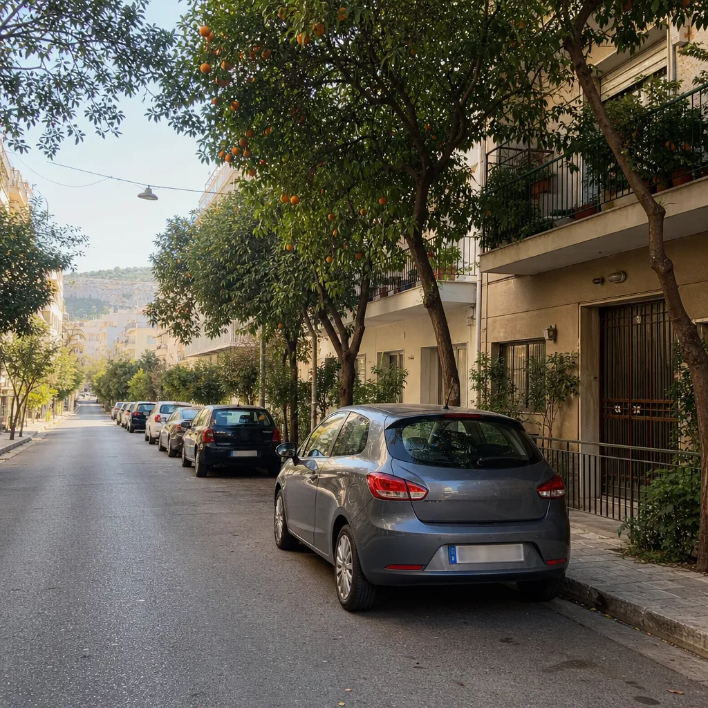 Long term rental car parked in a residential Athens neighbourhood