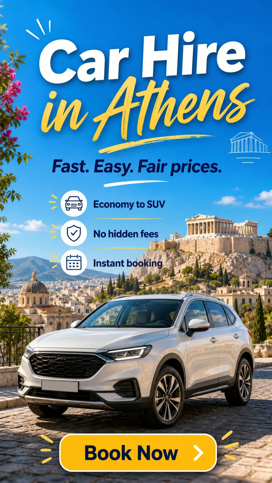 Car hire in Athens promotional poster: fast and easy booking from economy to SUV
