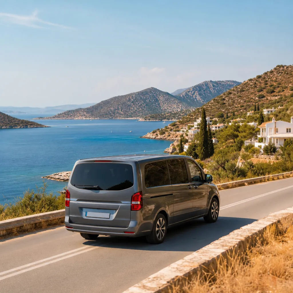 Rental van driving the Attica coastal road near Athens
